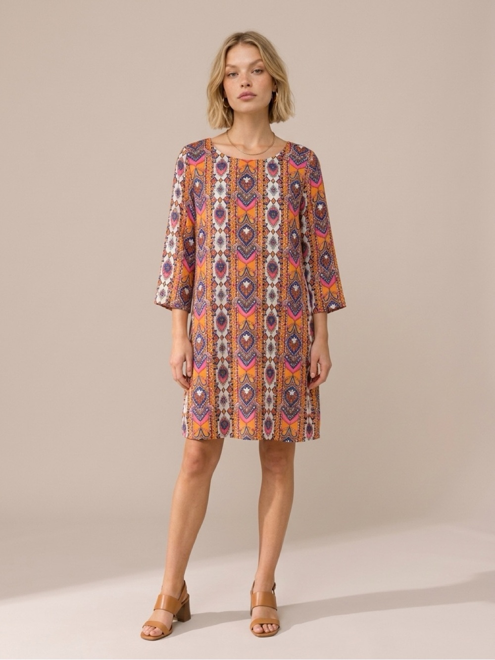 Tacera Vibrant Printed Midi Dress in Pink & Orange